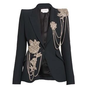 NWT Alexander McQueen Black Crystal-Embellished Single-Breasted Blazer | Size 42
